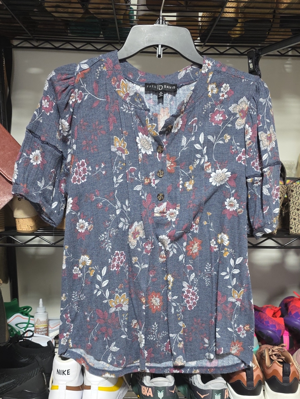 Fred David Navy Floral Button-Front Blouse